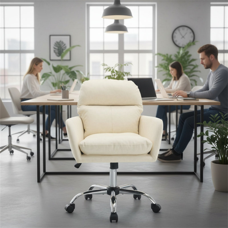 Chaise de bureau blanche réglable en hauteur en cuir de polyuréthane avec base noire, idéale pour les bureaux, les chambres à coucher, les coiffeuses et autres environnements similaires.