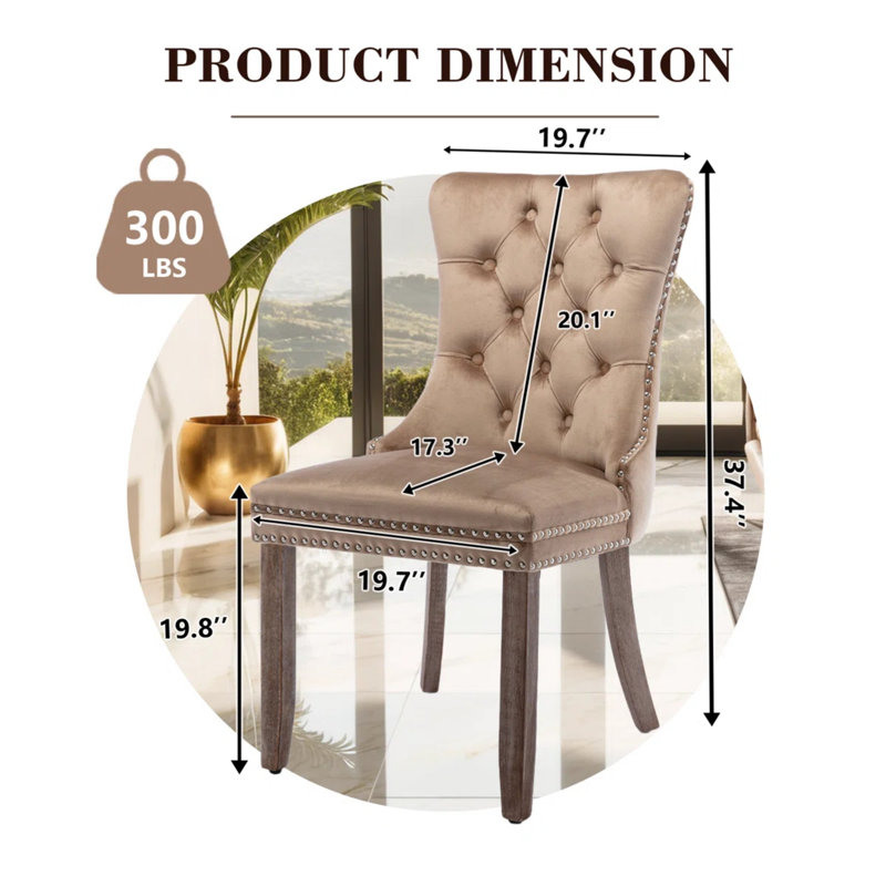 2PCS Modern Velvet Wingback Tufted Solid Wood Upholstered Dining Chairs (Set of 2), Khaki