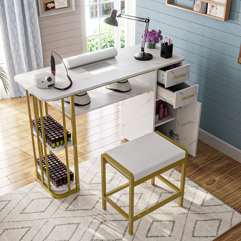 Bureau manucure pour table Nail Tech, table à ongles professionnelle avec tabouret, dépoussiéreur, sac à poussière et coussin de poignet, table polyvalente moderne avec armoire de rangement et tiroirs