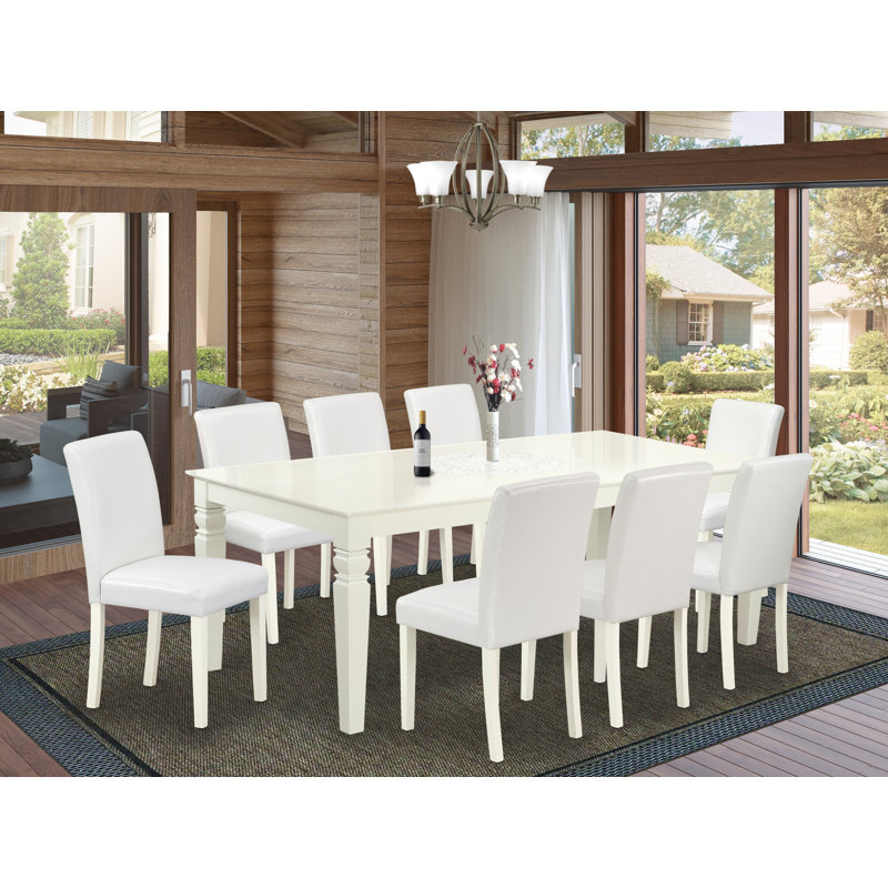 Cet ensemble de salle à manger 9 pièces comprend une table de cuisine rectangulaire avec feuille papillon et 8 chaises rembourrées en similicuir blanc, lin blanc