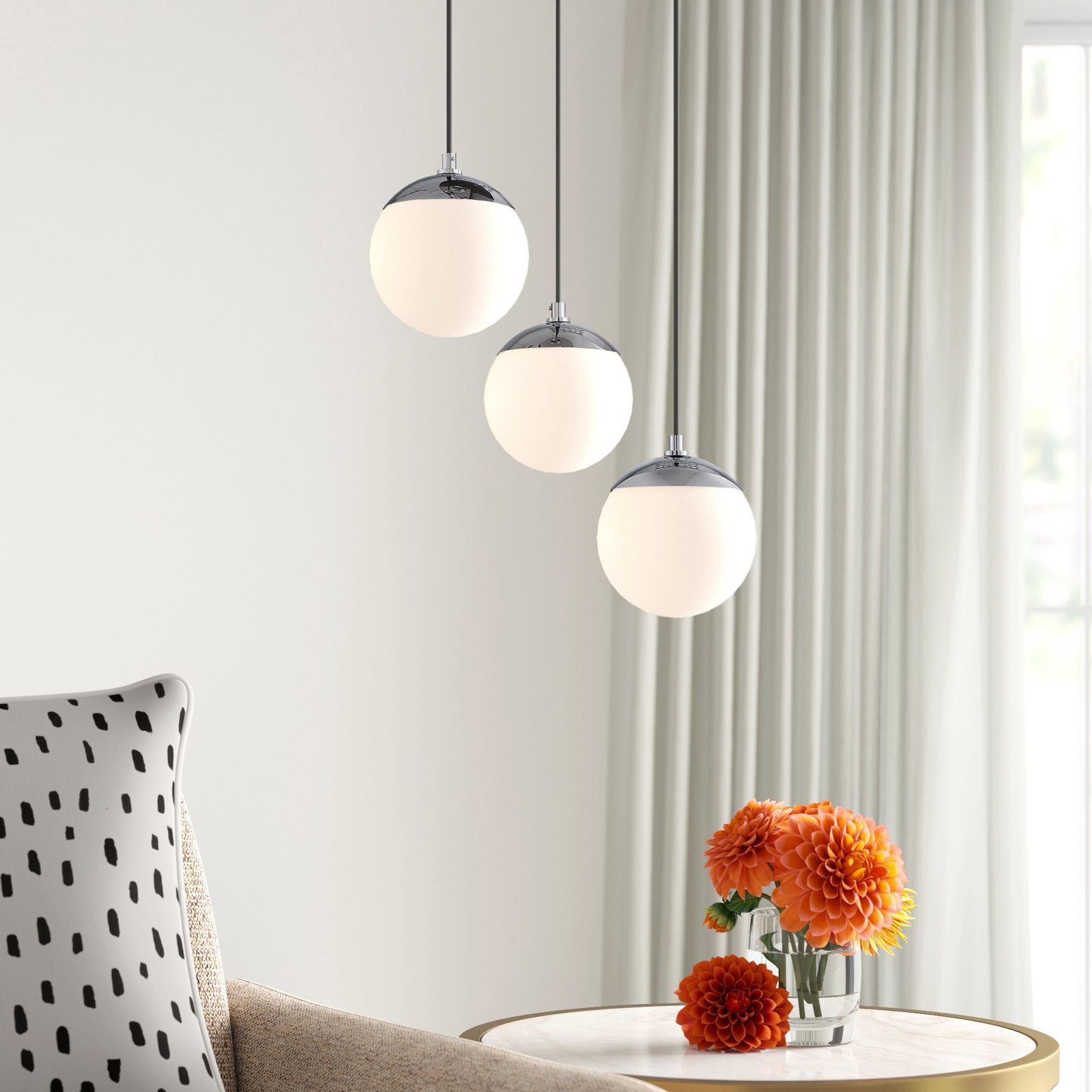 Richardson 3 Light Glass Dimmable Pendant, Chrome