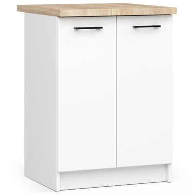 The kitchen base cabinet is white