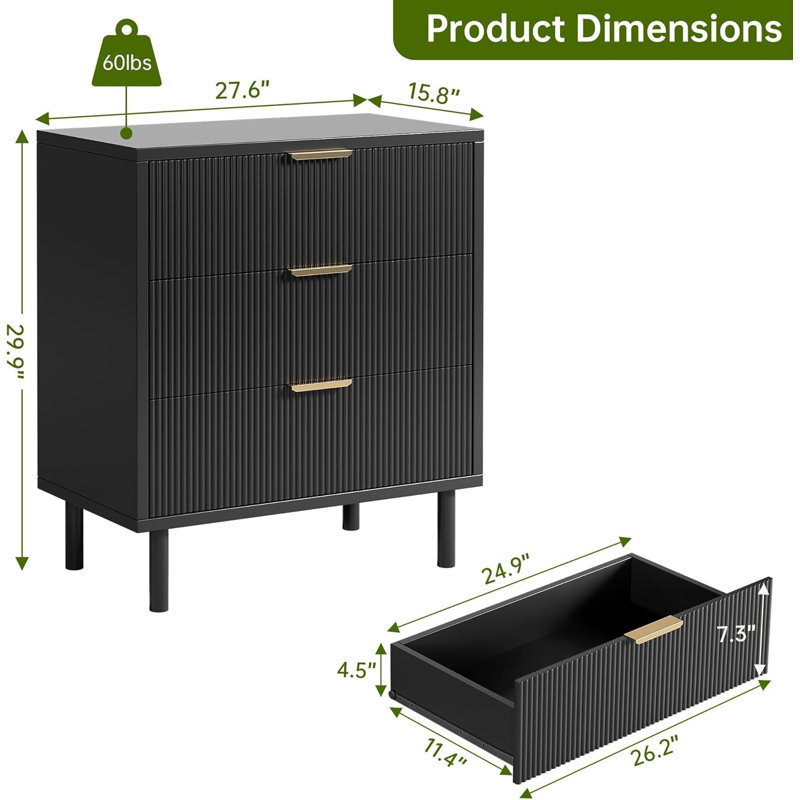 Commode 3 tiroirs cannelée - hauteur 29,9 po, anti-basculement, pieds en métal, noir