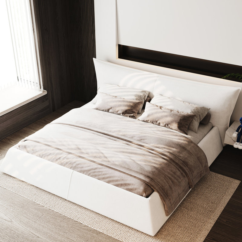 Très grand lit plateforme tapissier crème avec tête de lit en velours extra doux, tête de lit stable en métal et bois massif