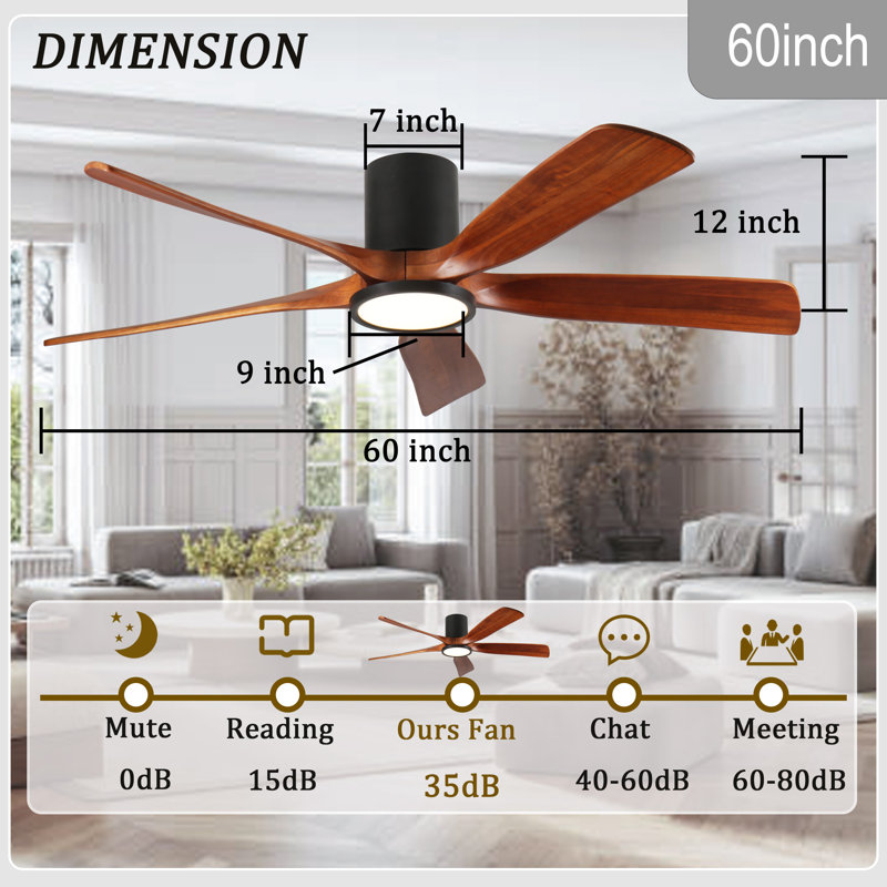 Ventilateur de plafond de 60 po avec éclairage, plafonnier encastré, 5 pales en bois massif, moteur CC réversible silencieux, application et télécommande, DEL à spectre complet à intensité variable, pour salon ou chambre à coucher de 20 pi x 20 pi, conception de plafond sans pente