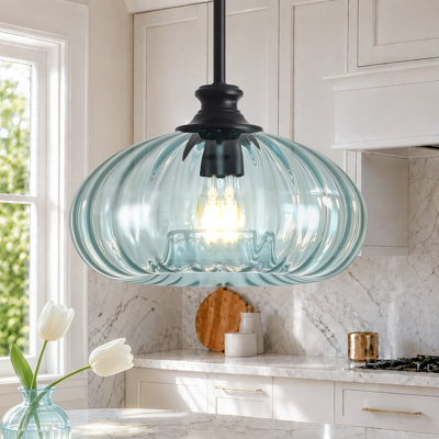 Alejo 10.8" 1-Light Ribbed Glass Pumpkin Pendant Light for Kitchen Island