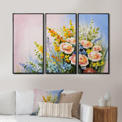 Fleurs d'été roses et jaunes - ensemble d'art mural sur toile traditionnel encadré de 3