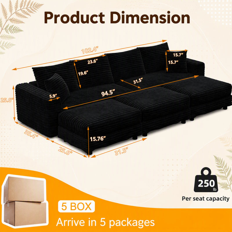 Canapé 102,4 po en velours côtelé 102,4 po, canapé-lit rembourré moderne et confortable, sièges profonds avec coussins moelleux et 3 repose-pieds, fauteuil convertible, noir