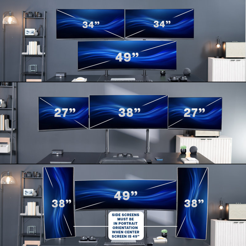 Support pour écran de bureau VIVO Triple Ultrawide, 2 poteaux, écrans jusqu'à 49 po