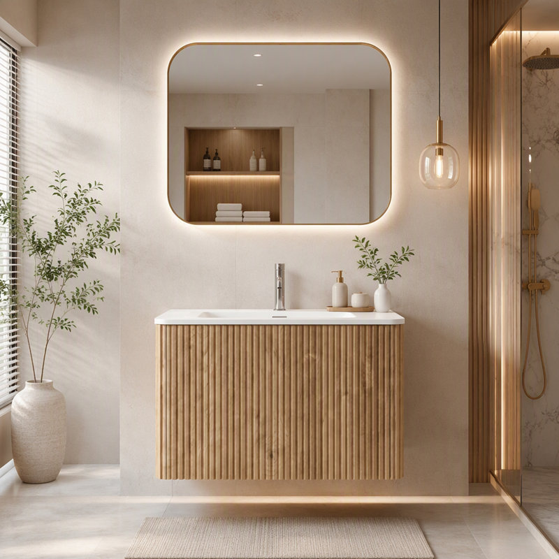 Meuble-lavabo rayé en chêne brut avec lavabo à surface solide blanc, conception flottante murale pour salles de bain modernes