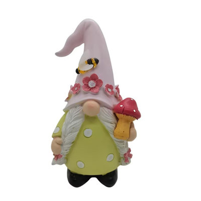 Solar Gnome Statue Spring Garden Decor, Pink Girl Resin Yard Figurine Holds Mushroom Light