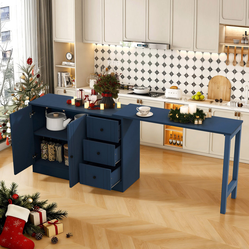Wooden 89.7''l Bar Cabinet With Extendable Table And Adjustable Shelves, Multi-purpose Home Bar & Liquor Bar For Kitchen And Living Room