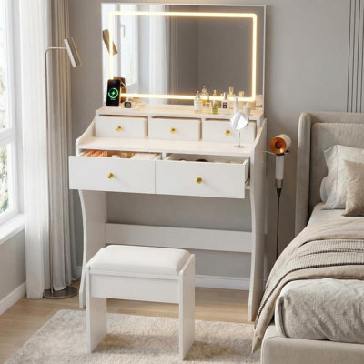 31.5" Vanity Desk with LED Mirror & Power Outlet, 3 Lighting Modes, Storage Drawers & Stool for Bedroom