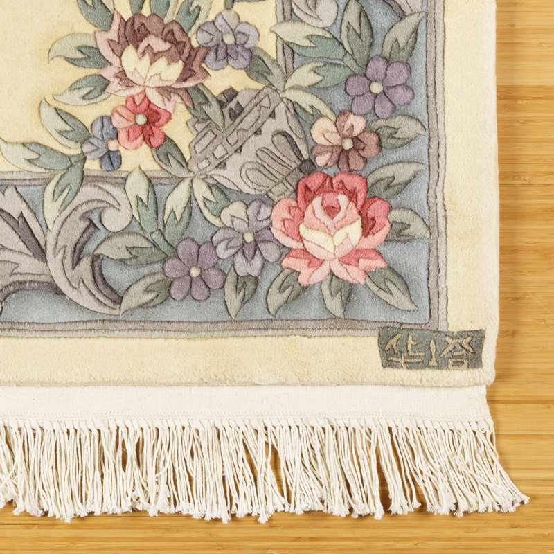 Tapis oriental oriental oriental à motif de médaillon en laine beige et bleu, Rectangle 7 pi 10 po x 10 pi