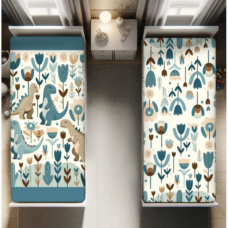 Ensemble de draps-housse à motif de dinosaures Ambesonne, ensemble de 2 fleurs scandinaves Dino _sds1136