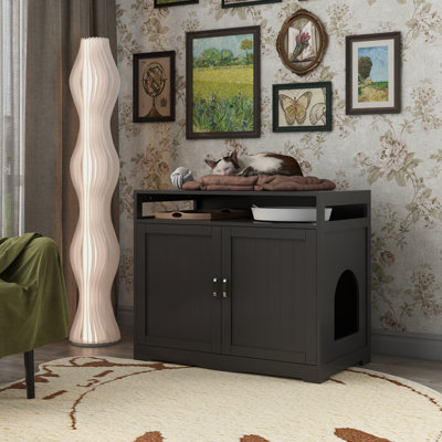 Enceinte de litière, meuble de litière pour chat avec prise cachée, 2 portes, table de rangement pour chat, table d'appoint pour chat, grand bac à litière fermé en bois, espresso