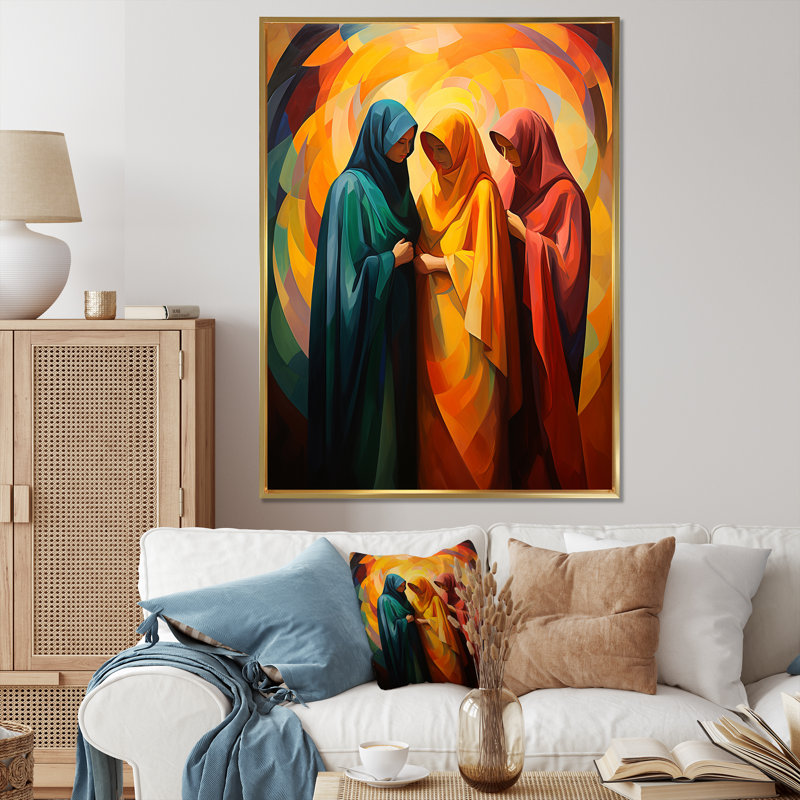 Jaune et orange, culture de la prière de l'Islam 1 - Art mural, Cadre flottant doré, H 32 po x l 24 po x P 1 po
