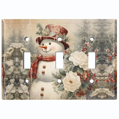 Christmas Festive Snow Man 3 - Gang Toggle Light Switch Standard Wall Plate