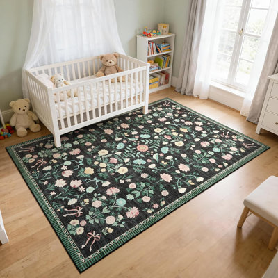 9x12 Floral Area Rug, Washable Non Slip Foldable Rug for Dining Room Office, Black