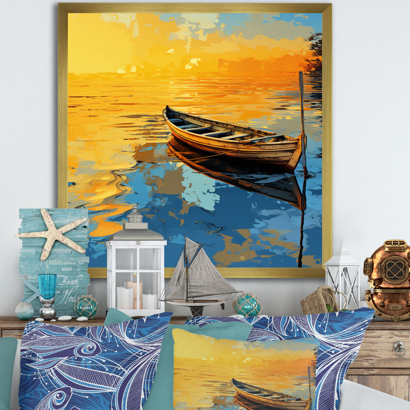 Bateau jaune et bleu au bord du lac - Bateau côtier, art mural, Cadre doré simple, H 36 po x l 36 po x P 1,5 po