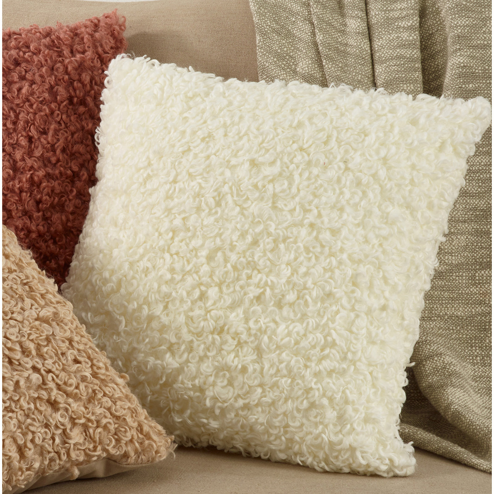 Heijo Faux Fur Throw Pillow, Polyester/Polyfill, Ivory