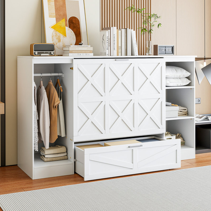 Lit simple avec tablettes et garde-robe en blanc - Option compacte pour économiser de l'espace