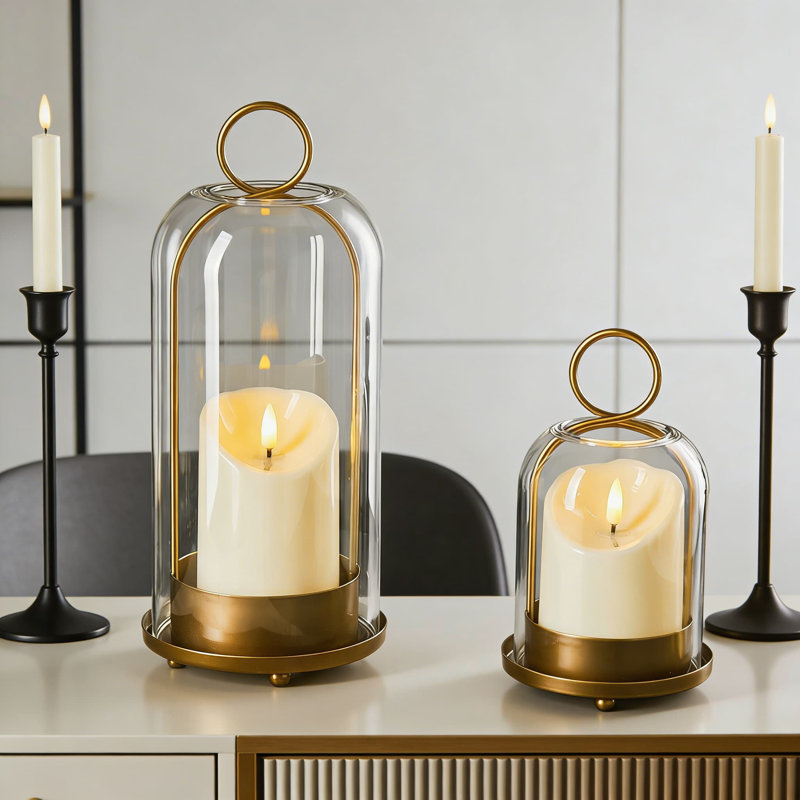 Set Of 2 Hurricane Glass Candle Holders With Handmade Glass Dome And Timer LED Candles, Versatile Metal Base Holder For Pillar Candles And Floral Arrangements In Vintage Brass Finish