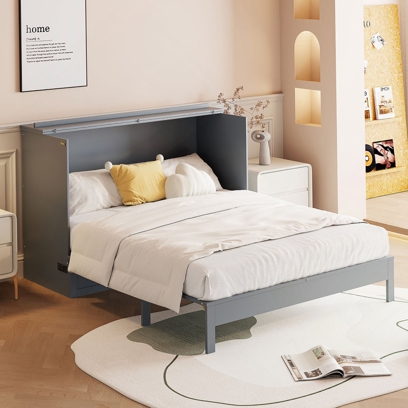 Lit escamotable double avec grands tiroirs, Double, gris