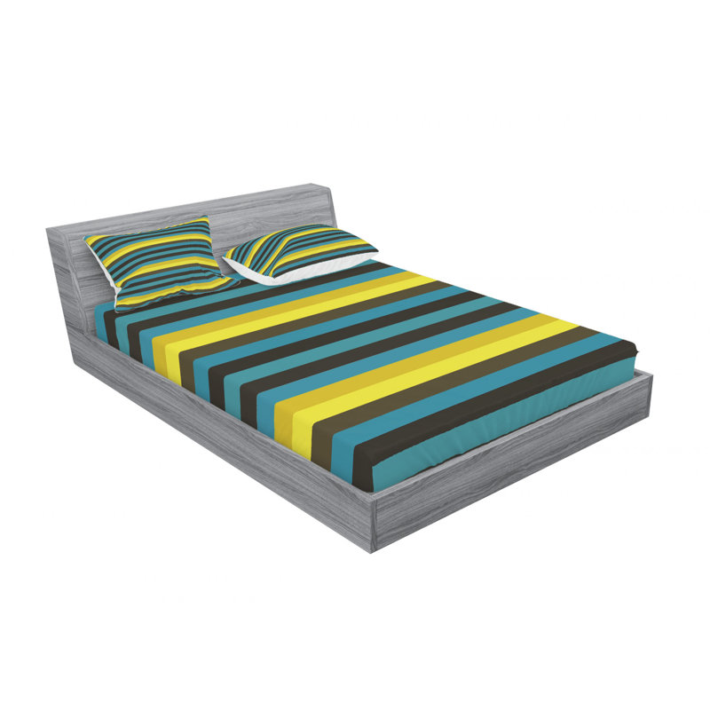Microfiber Abstract Sheet Set, Queen Sheet Set with Fitted Sheet, Striped, Teal/Yellow