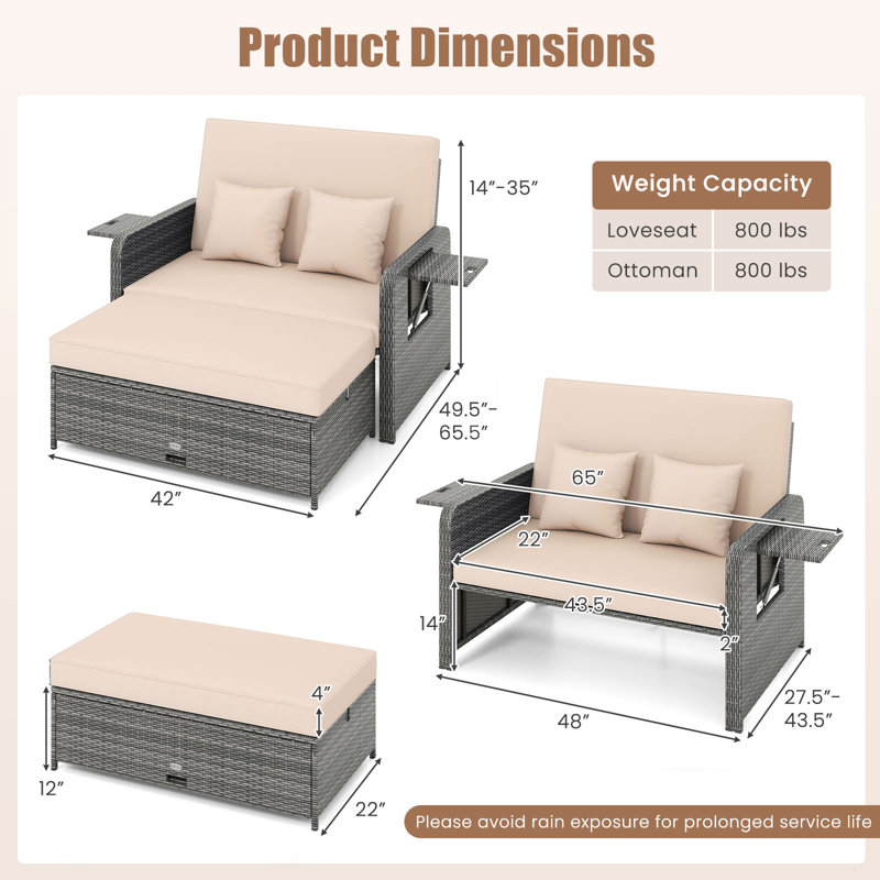 Canapé d'extérieur en osier avec repose-pieds et plateau latéral escamotable en osier, beige, Beige