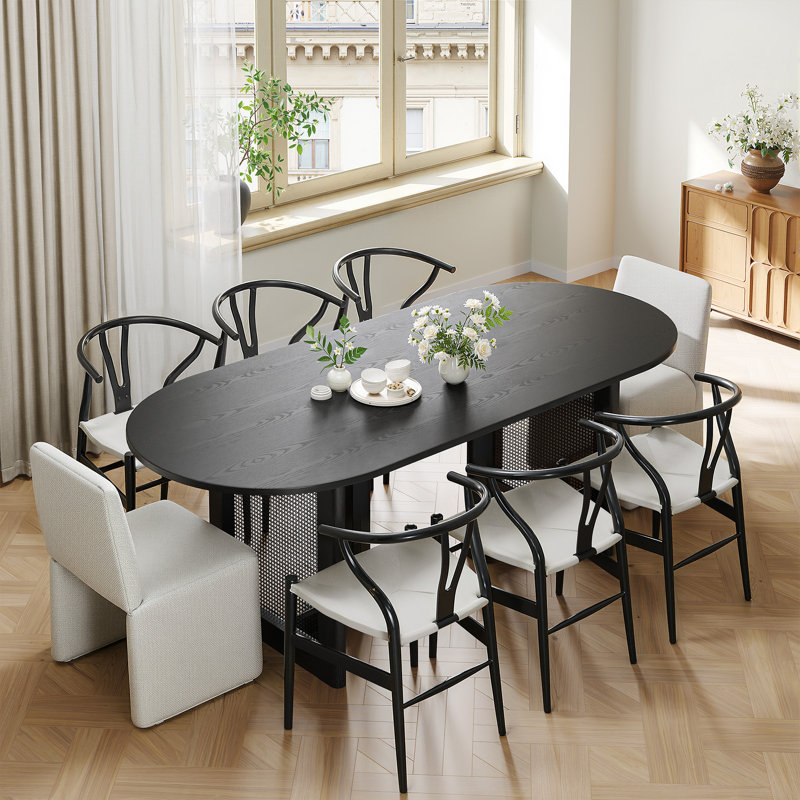 Midkiff 33.5"W×30"H Oval Dining Table Kitchen Table with Rattan Double Pedestal Base, Black, 30"H x 79"L x 33.5"W