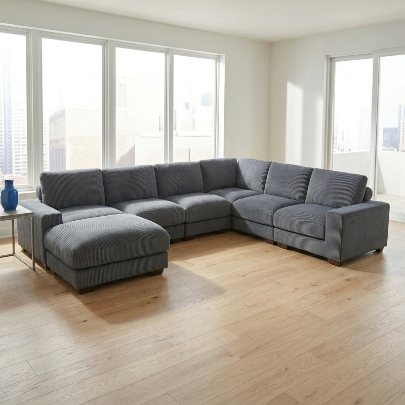 Dark Grey Modular Fabric 7-piece Sofa Set | Non-pilling | Solid Wood Frame | Storage Ottoman Included ?
