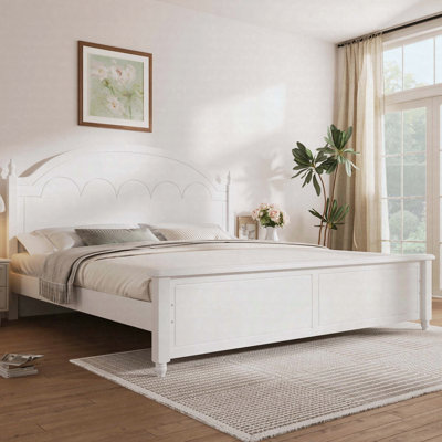 King size Wooden Bed Frame with Arched Headboard and Classic Design, White