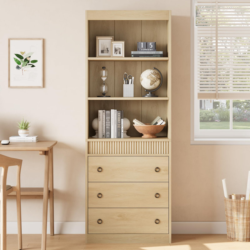 71" High Bookshelf with 3 Drawers and Open Shelves, Modern Fluted Waved Bookcase for Living Room or Home Office, Yellow