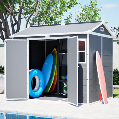 Abri de jardin en plastique gris 8 x 6 pi, rangement verrouillable pour les tondeuses à gazon et les outils, abri extérieur toutes saisons avec structure à circulation d'air, simple à construire soi-même