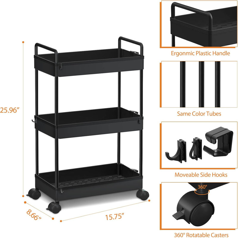 Chariot de rangement sur roulettes 3 niveaux, Noir