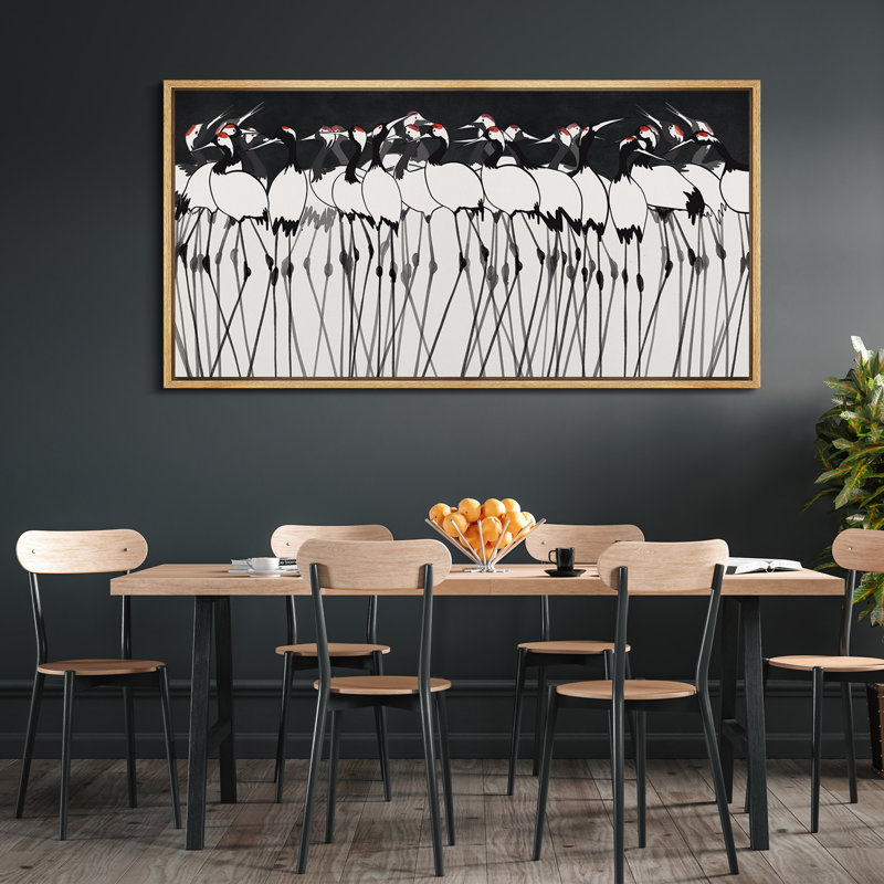 Cranes in Formation, toile encadrée - Illustration d'oiseau moderne en noir et blanc, H 30 po x l 60 po, Naturel