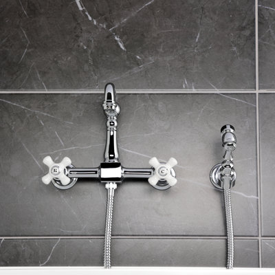 Kingston Brass Heritage Double-Handle 3-Hole Wall-Mount Bridge Kitchen Faucet with Brass Sprayer