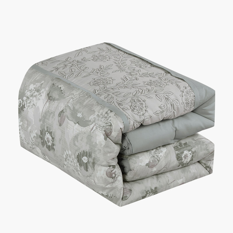 Ensemble d'édredon brodé et imprimé 7 pièces Elegant Botanical, en microfibre de polyester - comprend 1 édredon, 2 taies décoratives et 4 coussins décoratifs