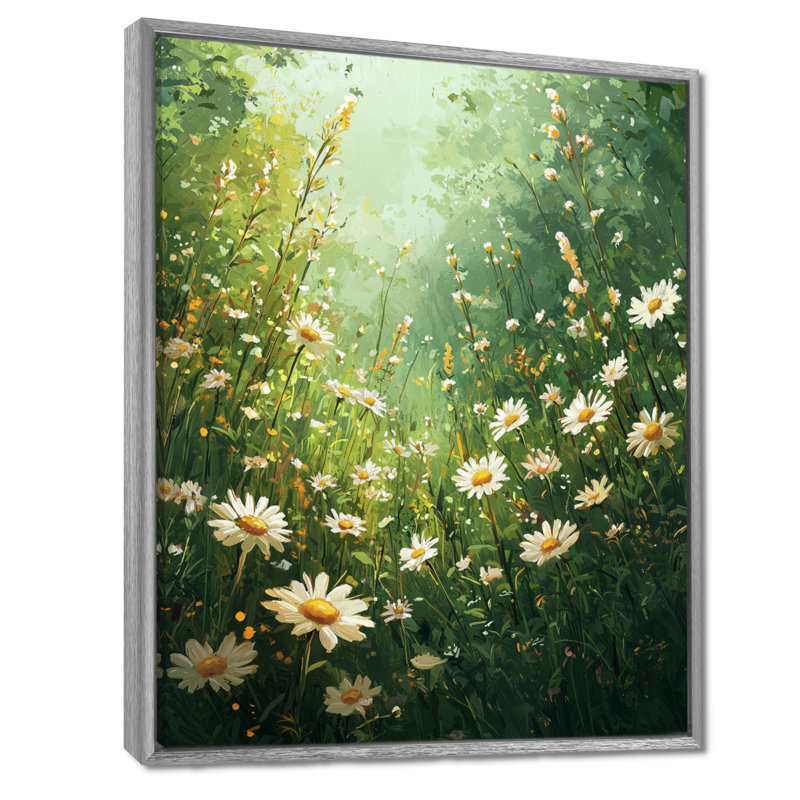 «White Country Daisies Dream» - Art mural marguerites, Argent argent, H 32 po x l 24 po, Impression encadrée flottante