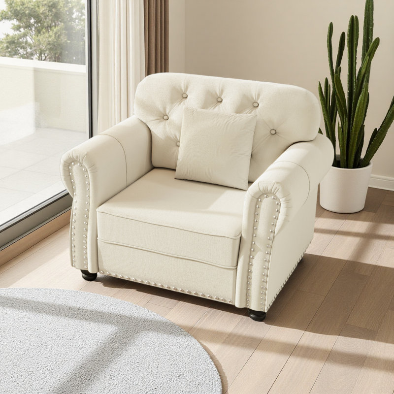 Canapé Chesterfield de 41,3 po en velours avec garniture cloutée et accoudoirs roulés, canapé de style Mid-Century moderne capitonné, comprenant 1 oreiller
