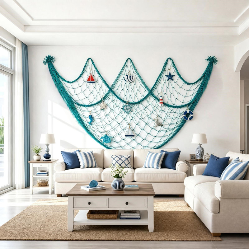Filet de pêche décoratif en tissu avec cordon, motif marin, à suspendre au mur. Filet de pêche décoratif en corde de coton.
