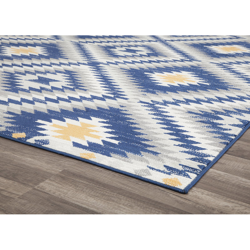 Heron Bodrum Tribal Kilim Denim Area Rug, Runner 2' x 8', Gold/Ivory/Navy/Gray