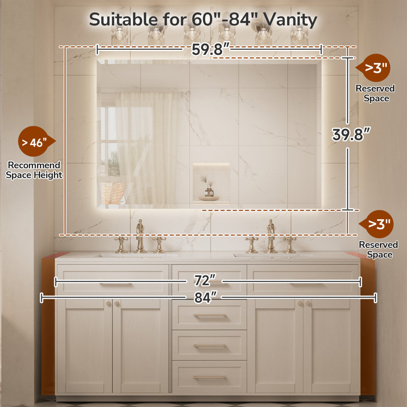 Miroir de salle de bain biseauté à rétroéclairage DEL, 40 po x 60 po