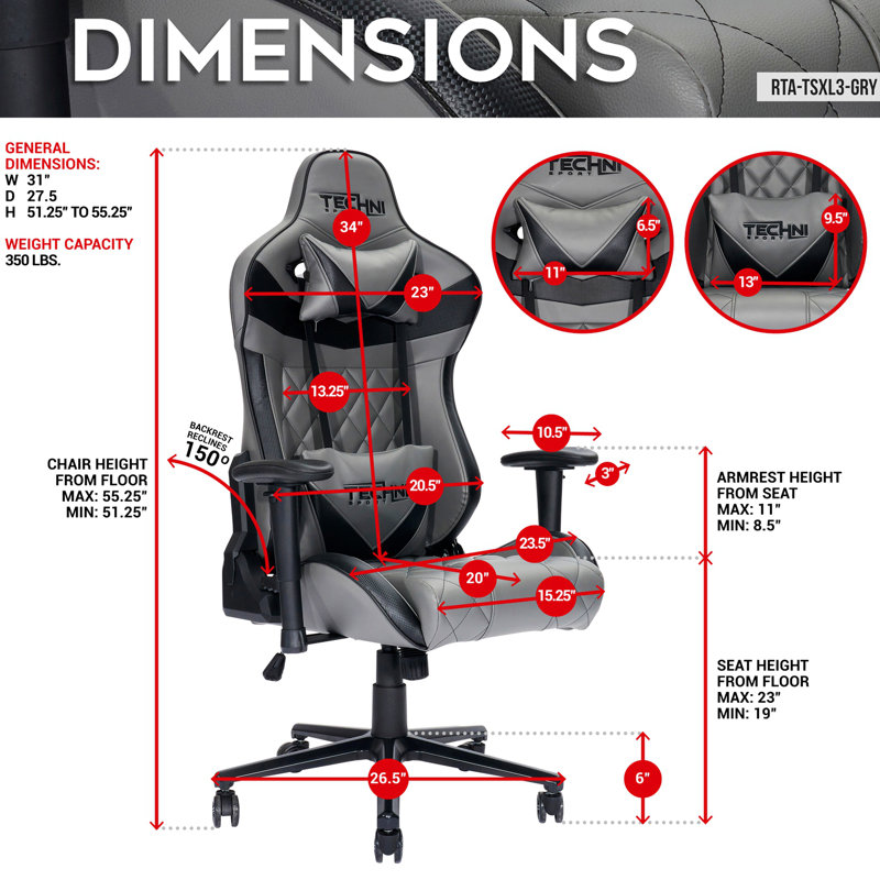 Techni Sport Adjustable Reclining Ergonomic Swiveling PC & Racing Game Chair in Gray
