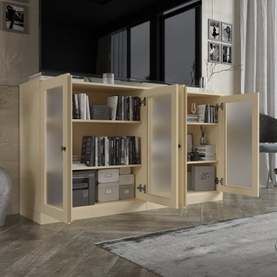 100% Solid Wood TV Stand with Frosted Glass Doors and Adjustable Shelves for TVs up to 64"