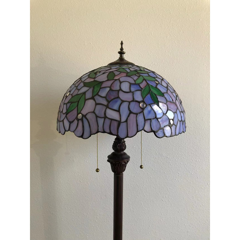 Gammage Floor Lamp Stained Glass Green Leaves Metal Base LED Bulbs Included 16"W*16"D*64"H, Purple/Green