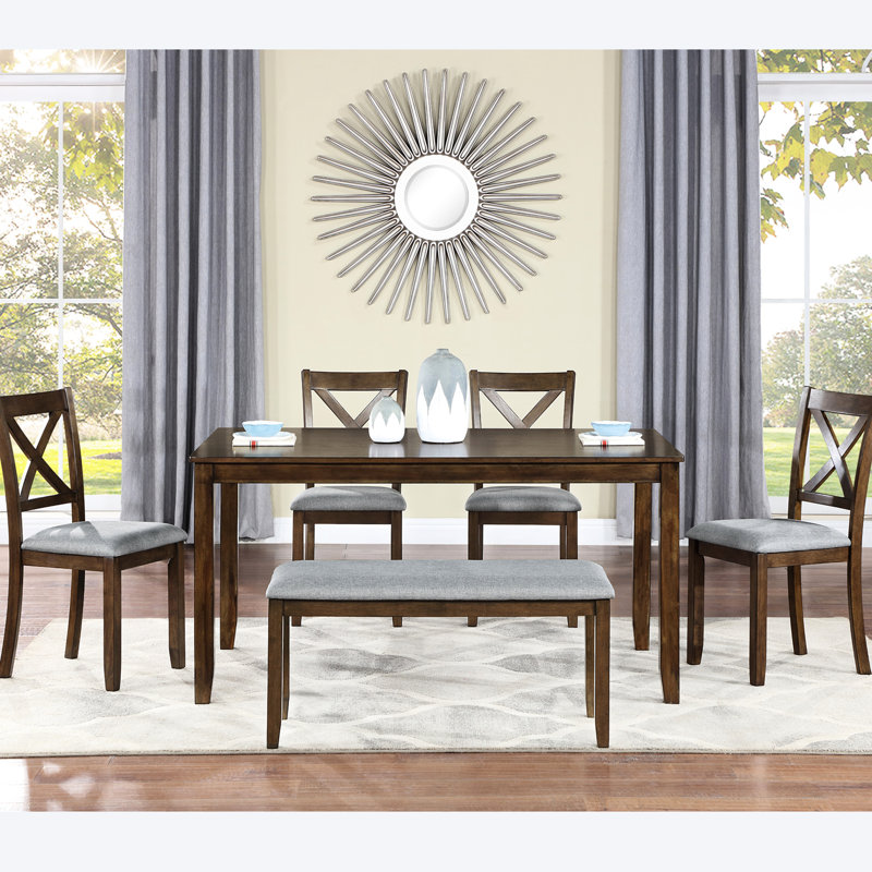 6 tables de salle à manger avec plateau rectangulaire, 4 chaises et un banc spacieux, une table et, Noyer