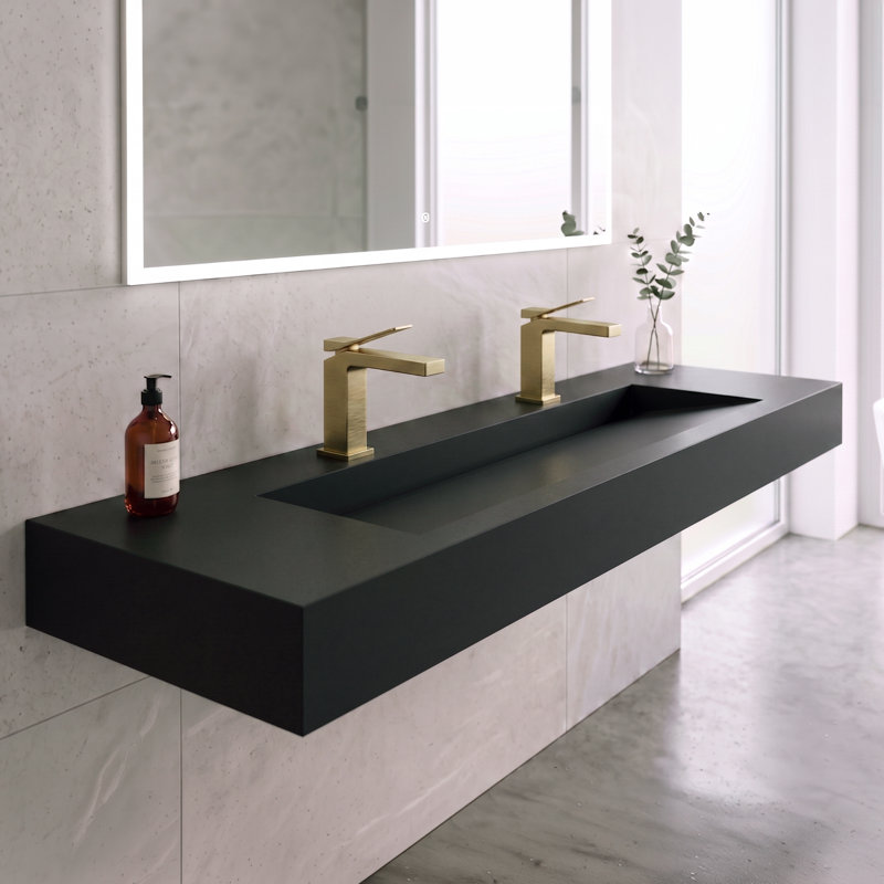 Pyramid 60" Wall Mounted Rectangular Solid Surface Bathroom Trough Sink in Matte Finish - Black, With Faucet Holes, Black