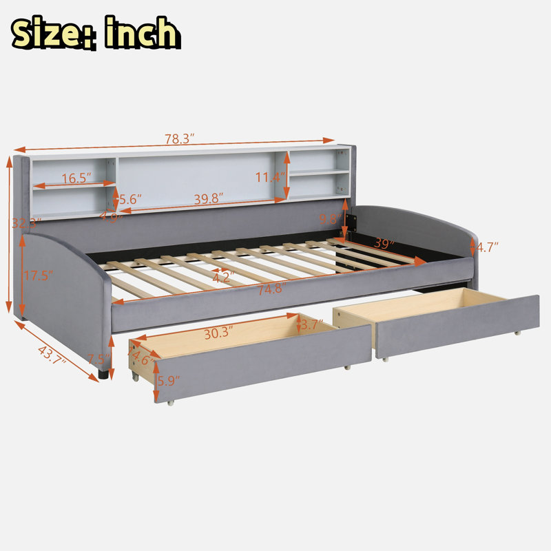 Upholstered Platform Bed with Storage Shelves and 2 Drawers Jamesburg, Gray